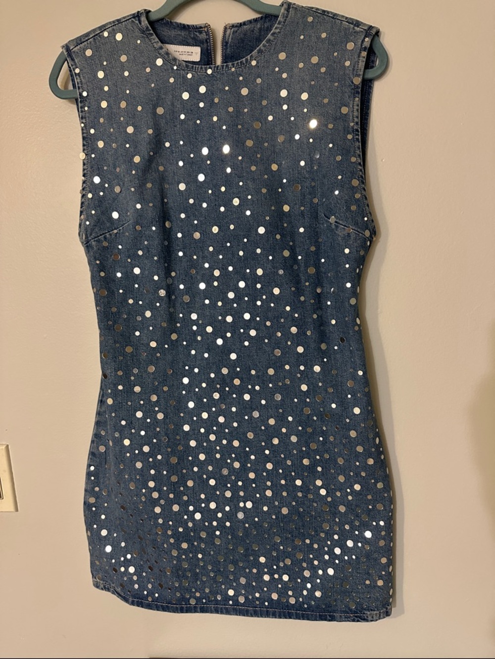 Zara Blue Denim Mini Dress with Silver Polka Studs